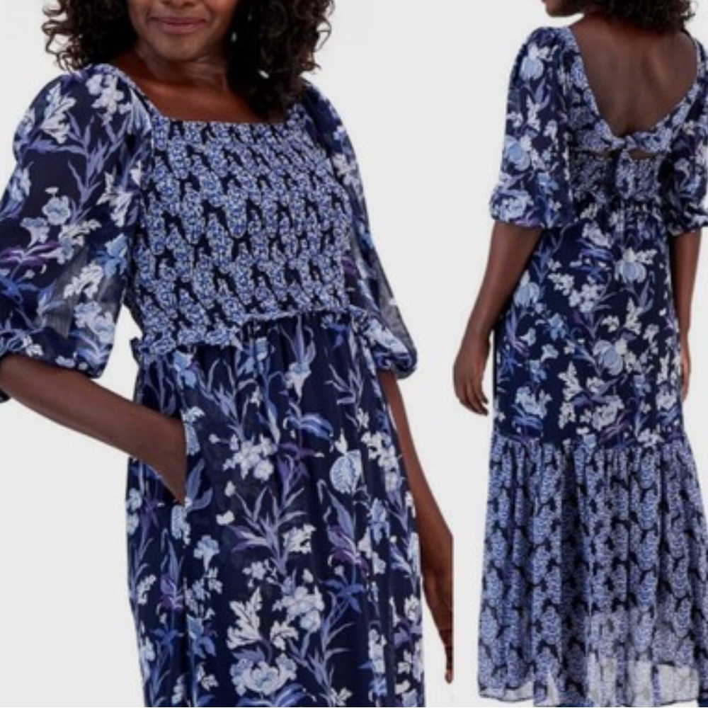 Taylor Dress Size 8 Navy Blue Floral Smocked Tiered Maxi dress. NWT